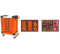 KS Tools - 819.7045 - Servante ULTIMATE 7 Tiroirs Orange - Équipée de 44 Outils Isolés et d'une Pince Ampèremétrique - Ouverture Individuelle et Totale - Plan de Travail en Inox