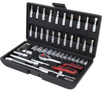 KS TOOLS 911.0646, Caisse à Outils en Coffret de Douille et Accessoires Compacte, Outillage Mécanique Chrome Mat avec Clé à Cliquet 1/4", Assortiment Varié au Profil F6-46 Pièces Argent/Noir/Rouge