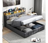 KSFASHZ Lit Coffre avec Sommier à Lattes 140x190, Lits Adulte avec USB et lumière LED, Lit Double 140x190 Rembourré en Lin avec Rangement hydraulique (sans Matelas)