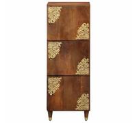 KTHLBRH Buffet marron 40 x 33 x 110 cm Bois de manguier massif | Design imprimé doré, poignées en laiton, 3 portes à charnière, pour salon ou salle à manger