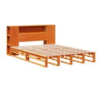 KTHLBRH Lit bibliothèque, marron cire, 140 x 190 cm, bois de pin | Sommier à lattes inclus, tête de lit avec étagères, remplace la table de chevet, pied de lit