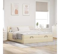 KTHLBRH Lit coffre 180 x 200 cm tissu crème avec tête de lit | 2 matelas à ressorts ensachés, 2 couvre-matelas, levage hydraulique, base à lattes