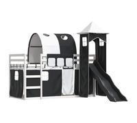 KTHLBRH Lit superposé avec toboggan et rideaux, blanc et noir, 90 x 200 cm | Bois massif de pin, rails de sécurité sur 4 côtés, ensemble de rideaux inclus