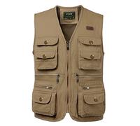 KTWOLEN Gilets de Pêche pour Hommes Gilet de Travail Safari Gilet Photographie de Sport Multi-poches Gilet Veste Sans Manches de Voyage, Kaki, L