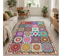 KTYUTJDH Tapis, Square 140 x 140 cm, Patchwork rétro Rouge et Bleu coloré,Tapis Moderne Décorations Maison ou Bureau, Salon Salle à Manger Chambre,