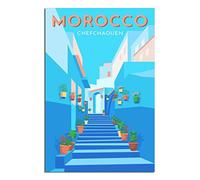 KTYWZ Plaque murale rétro vintage en étain, Chefchaouen, Maroc, bâtiment bleu, décoration murale en métal, plaque décorative en étain, affiche pour la maison et la cuisine, 15 x 30 cm
