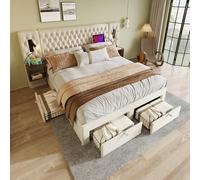 KUAKE Lit double 160 x 200 cm, lit rembourré, avec 2 tables de chevet et 4 tiroirs, lampe de tête de lit, lampe de lecture avec charge USB, velours, sans matelas (beige, 160 x 200 cm)
