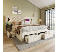 KUAKE Lit double 180 x 200 cm, lit rembourré, avec 2 tables de chevet et 4 tiroirs, lampe de tête de lit, lampe de lecture avec charge USB, velours, sans matelas (beige, 180 x 200 cm)