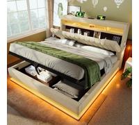 KUAKE Lit double capitonné 140 x 200 cm, lit LED avec sommier à lattes, tête de lit avec compartiment de rangement et fonction de charge USB et Type-C, lit escamotable avec dossier hydraulique, en