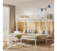 KUAKE Lit triple superposé avec échelle pour enfants et adolescents - Lit en fer avec grille de protection anti-chute et table (90 x 200 cm x 3) (blanc)