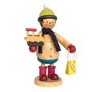 Kuhnert Drechslerei Figurine décorative en bois - Mäxchen avec chemin de fer et sac à provisions - Hauteur : environ 12 cm - Fabriqué en Allemagne