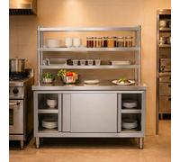 KUKIXKK Table de Travail INOX avec Armoire de Cuisine et Étagères, Meuble de Rangement Professionnel pour Cuisine Commerciale et Préparation(120x60x140cm)