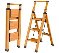 KULACO Échelle d'escalier Pliable à 3 marches, Antidérapante, Escabeau Portable, avec Main Courante Extensible, Échelle Multifonction, Grain de Bois, Échelle Pliante en Aluminium jusqu'à 150 kg