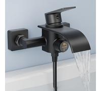 KULACO Robinet de Baignoire Cascade Noir, Mitigeur en Laiton | Robinet en Laiton avec Bouton Poussoir, pour Montage Mural, Robinet de Baignoire