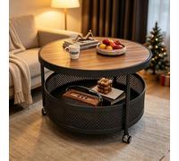 kumamart Table Appoint Ronde Mobile 2 Niveaux Vintage Grain Top & Rolling | Table basse ronde 2 niveaux plateau finition noyer panier maille et roues pivotantes 360 avec frein.