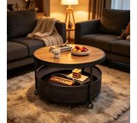 kumamart Table Basse Ronde 2 Niveaux Chariot Salon Vintage Wood Top & Metal | Table basse ronde 2 niveaux plateau finition noyer panier maille et roues pivotantes 360 avec frein.