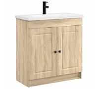 KUPTYERFG Ensemble de meubles de salle de bain avec lavabo en chêne Sonoma | Lavabo compact aspect chêne Sonoma avec robinet et boutons métalliques pour salle de bain d'invités.