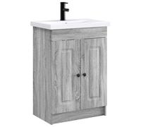 KUPTYERFG Ensemble de meubles de salle de bain gris Sonoma avec lavabo | Lavabo stable en bois avec boutons en métal et robinet pour la salle de bain moderne ou la salle de bain d'invités.