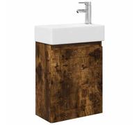 KUPTYERFG Lavabo avec lavabo et robinet 45,5 cm, lot de 4 pièces | Armoire de salle de bain murale aspect chêne fumé pour WC d'invités avec cuve en céramique et butée de porte flexible.