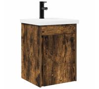 KUPTYERFG Lavabo avec meuble bas de 42 cm, montage mural, lot de 4 pièces | Lavabo compact pour toilettes d'invités et salle de bain, avec robinet noir, bonde poussoir et bassin en céramique en chêne