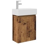 KUPTYERFG Meuble de lavabo avec robinet de lavabo en bois vieilli 4 pièces | Montage mural peu encombrant pour WC d'invités avec cuve en céramique, mitigeur et valve de vidange push-up.