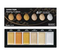 Kuretake Gansai Tambi Lot de 6 couleurs (Starry colors) | 6 couleurs nacrées aux reflets dorés, grands godets, qualité professionnelle, qualité artiste.