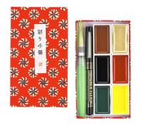Kuretake Irodori Kobako Rouge, aquarelle 6 couleurs avec pinceaux, Japon | 6 couleurs riches, coffret rouge en washi avec pinceau fin et pinceau à réservoir, qualité artiste pour usage professionnel
