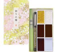 Kuretake Irodori Kobako Sakura, aquarelle 5 couleurs avec pinceaux, Japon | 5 couleurs granulantes et métalliques, pinceau-feutre et pinceau à réservoir, qualité artiste pour usage professionnel