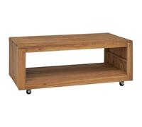 KUTYWEXFM Table basse en teck massif 110 x 60 x 40 cm | Table d'appoint flexible sur roulettes lisses avec étagère supplémentaire pour salon et cheminée.