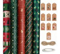 Kvaznix 5 Rouleaux de Papier Cadeau de Noël 43 cm x 3 m Papier de Cadeau Kraft Recyclable Gros Rouleau Papier Cadeau pour Cadeaux de Fête de Noël, Décorations de Cadeaux