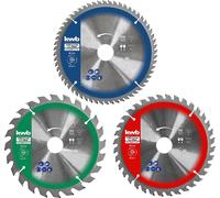 kwb 589399 Jeu de lames de scie circulaire pour scies circulaires portatives ou scies à onglet à traction, pour panneaux et matériaux de construction en bois, y compris anneaux de réduction à 16 et 25