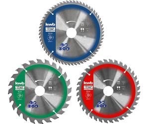 kwb 589399 Jeu de lames de scie circulaire pour scies circulaires portatives ou scies à onglet à traction, pour panneaux et matériaux de construction en bois, y compris anneaux de réduction à 16 et 25