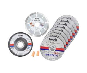kwb Disques à tronçonner + disque diamanté et abrasif, Ø Meuleuse d'angle mince 115 mm Disque à tronçonner p. Acier inoxydable INOX en boîte de rangement avec bouchons d'oreille