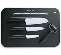 Kyocera Lot de couteaux en céramique Couteau santoku, couteau universel et couteau d'office Comprend un éplucheur en céramique et une planche à découper Noir