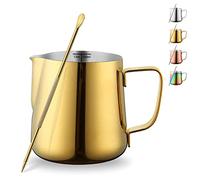 Kyraton Pichet à Lait 12 oz 350 ml, Pichets à Vapeur En Acier Inoxydable Avec Stylo De Décoration, Tasses à Mousseur à Café Au lait Cappuccino Latte Art Pichets à Vapeur Barista Tasse à lait (Doré)