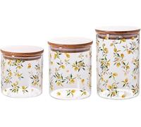 KYUEPONG Sucrier, Récipient hermétique de stockage de thé de boîte en verre de bidon avec le réservoir de pot de nourriture de couvercle en bambou pour, café, herbe, sucre(Lemon,Set of 3)
