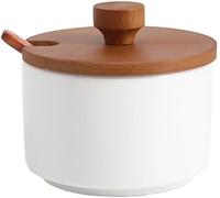 KYUEPONG Sucrier, Sucrier en céramique vintage avec couvercle en bambou et cuillère, récipient, pot for comptoir de cuisine(White)