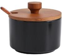 KYUEPONG Sucrier, Sucrier en céramique vintage avec couvercle en bambou et cuillère, récipient, pot for comptoir de cuisine(Black)