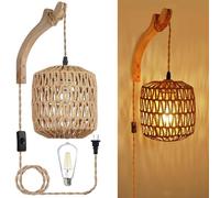 KZT Applique Vintage avec abat-jour en rotin tressé,E27 Rétro Applique avec interrupteur et prise Variable,Lampe Boho Rustique,pour chambre à coucher Couloir Foyer Bars Hôtels