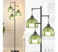 KZT Lampadaire LED pour salon - 3 ampoules LED E27 - Rétro - Abat-jour en verre vert - 3000 K - Blanc chaud - Pour chambre à coucher, bureau