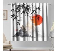 Kzzfqxb Rideaux Motif Peinture Chinoise 117x229cm 2 Panneaux, Feuilles de Bambou Lever de Soleil Rouge Montagnes Paysage au Pinceau, décoration Orientale pour Salon et Chambre à Coucher
