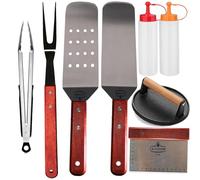 La Cuisine Lot de 8 accessoires de barbecue plats comprenant des spatules solides et perforées, une fourchette, une pince, une presse à viande en fonte, des bouteilles à condiments pour griller