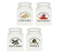 La Porcellana Bianca, Lot de 4 pots pour mélange d'épices de cuisine en porcelaine décorée, ligne de conserve, 175 ml de capacité, 6,5 x 6,5 x h9,5 cm