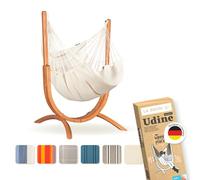 LA SIESTA® - Chaise Suspendue Udine en Coton Biologique avec Support en Bois - Fait Main, indéchirable - Fauteuil Suspendu Interieur avec Support en Eucalyptus certifié FSC - Latte