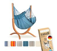 LA SIESTA® - Chaise Suspendue Udine en Coton Biologique avec Support en Bois - Fait Main, indéchirable - Fauteuil Suspendu Interieur avec Support en Eucalyptus certifié FSC - Blue Zebra