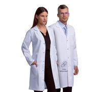 Lab Coat X Blouse de Laboratoire Blanc/Noir/Bleu Marine Unisexe Professionnelle pour Homme et Femme, Longueur 100cm, Fermeture à Pressions de Sécurité, Poches Multiples