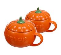LABRIMP Lot de 2 Tasses en Céramique Forme Citrouille Orange avec Couvercle et Poignée Isolation Thermique pour Halloween et Présents