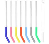 LABRIMP Set de 8 Pailles en Acier Inoxydable avec Manchon en Silicone et Goupillon, Pailles Réutilisables Portables Anti-brûlure pour Boissons Voyage Couleur Aléatoire