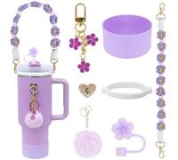 LACGO Stanley Lot de 7 accessoires de tasse y compris bottes en silicone, sangle de poignée tissée bohème, capuchon de paille, breloques Stanley pour gobelet Stanley de 1,2 l (violet)