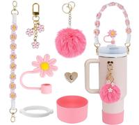 LACGO Stanley Lot de 7 accessoires pour gobelets y compris bottes en silicone, sangle de poignée tissée bohème, housse de paille et breloques, accessoires Stanley pour gobelet de 1,2 l (rose)